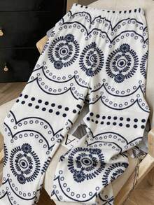 Women's Casual Pajama Pants, Long Pants Spring/Summer Style, Asymmetrical Print Design, Comfortable Casual Elastic Waist - White - View 5