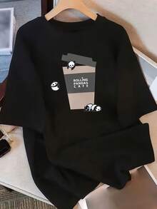 Women's T-Shirt Made Of Pure Cotton With A Unique Design Print, New Summer Style 2026, Loose Fit, Slimming Top For Female Students. - 黑色 - 查看 2