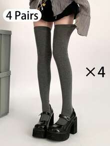 Solid Color Simple Style Warm Over The Knee Thigh High Socks For Autumn And Winter, Cozy - Grey - View 8