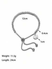 MECYLIFE 1pc Minimalist Fashion Gold/Silver Plated Stainless Steel Round Pendant Adjustable Beaded Engraved Bracelet - Silver - View 3