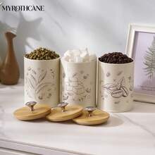 Myrothcane 3Pcs Vintage Cream Metal Canister Set With Bamboo Lids, Coffee Sugar Tea Printed Airtight Storage Jars, Farmhouse Kitchen Counter Dry Food Container Organizer - White - View 3