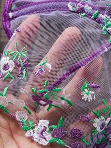 女款 2 件組紫色花卉刺繡透視網紗鋼圈內衣與丁字褲內衣套裝 - 紫色 - 查看 5