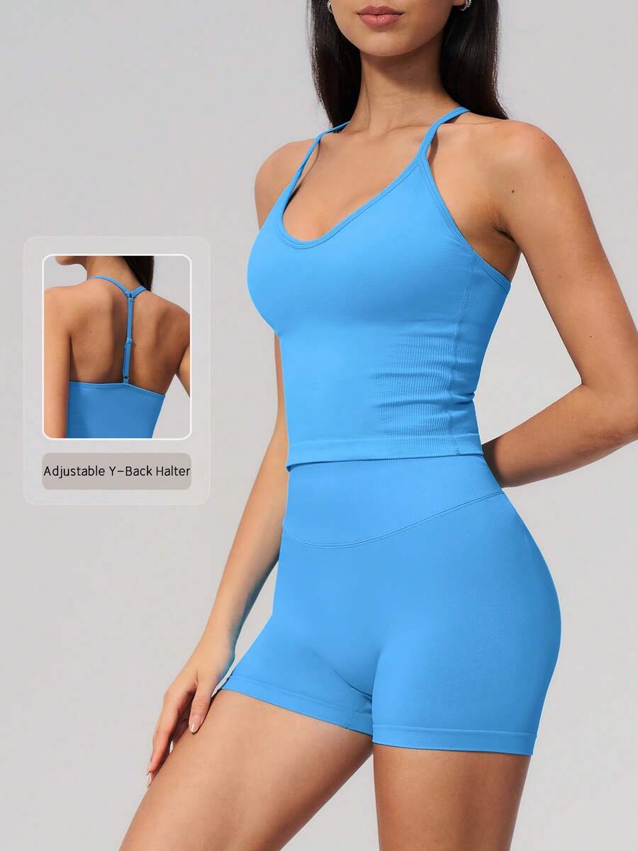 NcmRyu Women's One Set Solid Color U-Neck Racerback Cropped Tank Top Ribbed Waist Wide Leg Long Pants Sports Set - Blue - View 1