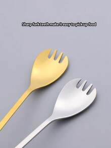 2/5pcs Long Handle Stainless Steel Spoon Fork Combo, 2-In-1 Fruit Salad Stirring Spoon, Canned Food Spoon - Silver - View 4