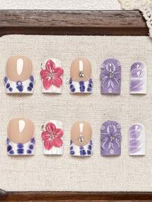 10pcs Handmade Short Square Press On Nails, Nude Purple Color With Bubble French Edge, Two-Tone Gradient, 3D Red & Purple Floral, Wavy Textured Gel-X Nails, And Tiny Silver Rhinestone Pattern Nail Tips. Suitable For Party, Great Gift For Women - Multicolor - View 2