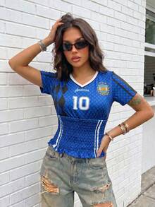Camiseta casual de mujer con cuello en V, fruncida, con borde de lechuga y dobladillo ajustado, estilo jersey de Argentina, para atuendos de verano, top lindo para salir, Y2K - Azul oscuro - Ver 7