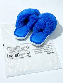 Fashionable New Open-Toe Indoor Slippers, Slip-On Comfortable Anti-Slip Silent Indoor Slippers, Solid Color Cute Fabric Cross-Strap Home Wear All Seasons - Royal Blue - View 3