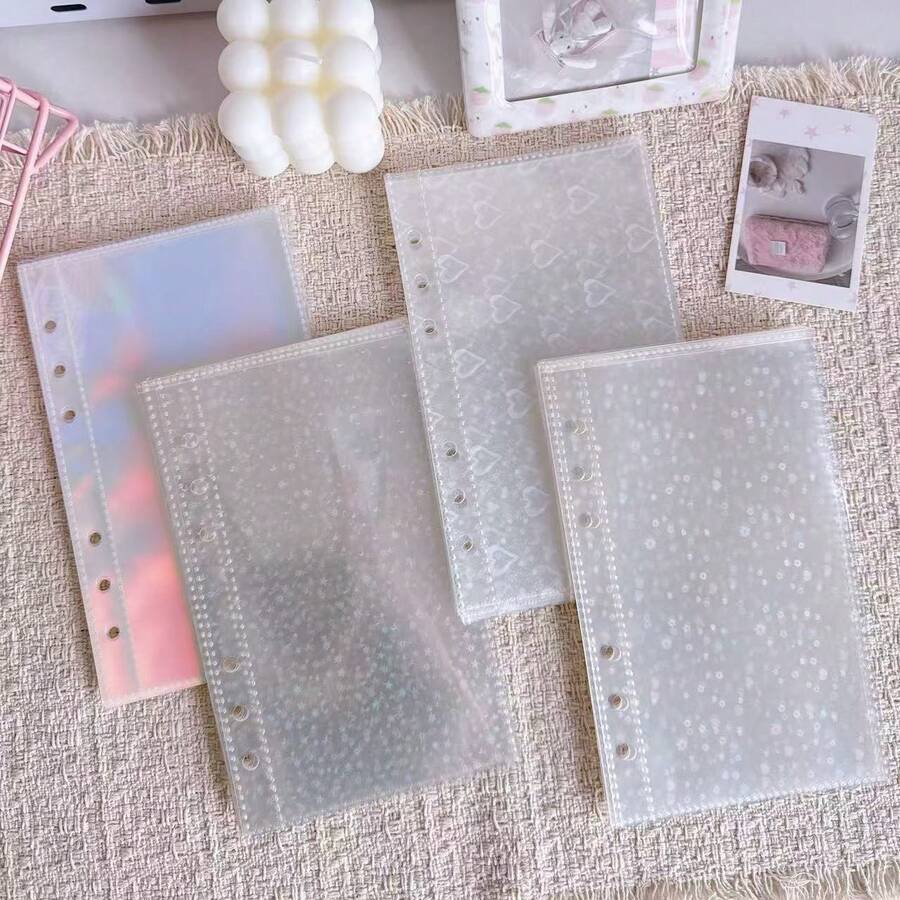 30 piezas de páginas interiores transparentes holográficas en tamaño A6, insertos de planificador, recargas de libro de pegatinas, álbum de pegatinas DIY, con patrones de IDOLME, estrella, corazón, arcoíris, fragmentos de vidrio de fuegos artificiales, material de PP transparente, páginas de pegatinas extraíbles, adecuado para álbum de fotos, almacenamiento de tarjetas de ídolos, scrapbook, planificador DIY, planificador de presupuesto, planificador de tiempo, cuaderno, diario, útiles escolares - Páginas interiores impresas con láser - Ver 1