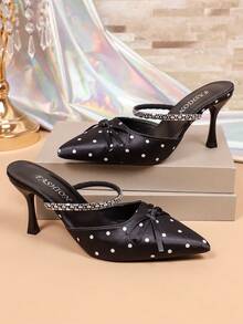 Black Polka Dot Commuter Style Office Party Gathering Stiletto Pointed Toe Fashion Versatile Elegant Bow Rhinestone Single Strap Convertible High Heels For Women - Black - View 5