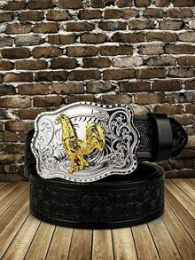1pc Rooster Western Style Buckle 3.7cm/1.46in Wide PU Embossed Belt, Vintage Personalized Waist Belt - Multicolor - View 1