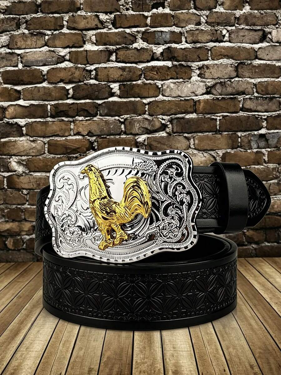 1pc Rooster Western Style Buckle 3.7cm/1.46in Wide PU Embossed Belt, Vintage Personalized Waist Belt - Multicolor - View 1
