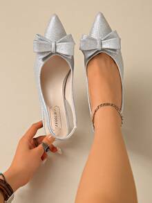 JABOOLINX Spring/Summer Women's One-Strap Buckle Bow Pointed Toe High Heel Sandals, Commuter Versatile Suede Closed Toe Pumps - Silver - View 6