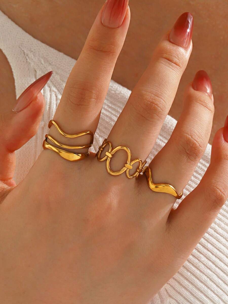 3 pièces Ensemble de bagues en acier inoxydable minimaliste géométrique ovale à ligne, convient pour le port quotidien et les fêtes des femmes - Multicolore - Voir 1