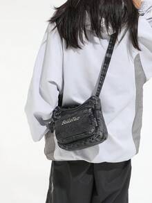 迷你時尚花卉刺繡牛仔多口袋斜跨包－百搭女款單肩包，小牛仔包，可調肩帶媽媽包 - 黑色 - 查看 4