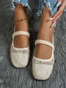 White Women's Hollow Lace Mary Jane Flats, Fashion Design Square Toe Single Strap Soft Sole Daily Walking Shoes, All-Season Versatile Casual Shoes - White - View 5