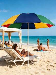 Rainbow Patchwork Beach Umbrella, Waterproof UV Protection Polyester Canopy, Windproof 8-Rib Adjustable Steel Pole, Portable Sun Parasol For Beach Pool Patio Garden, Perfect For Travelers, Family Picnic & Summer Outdoor Lovers - A - View 1