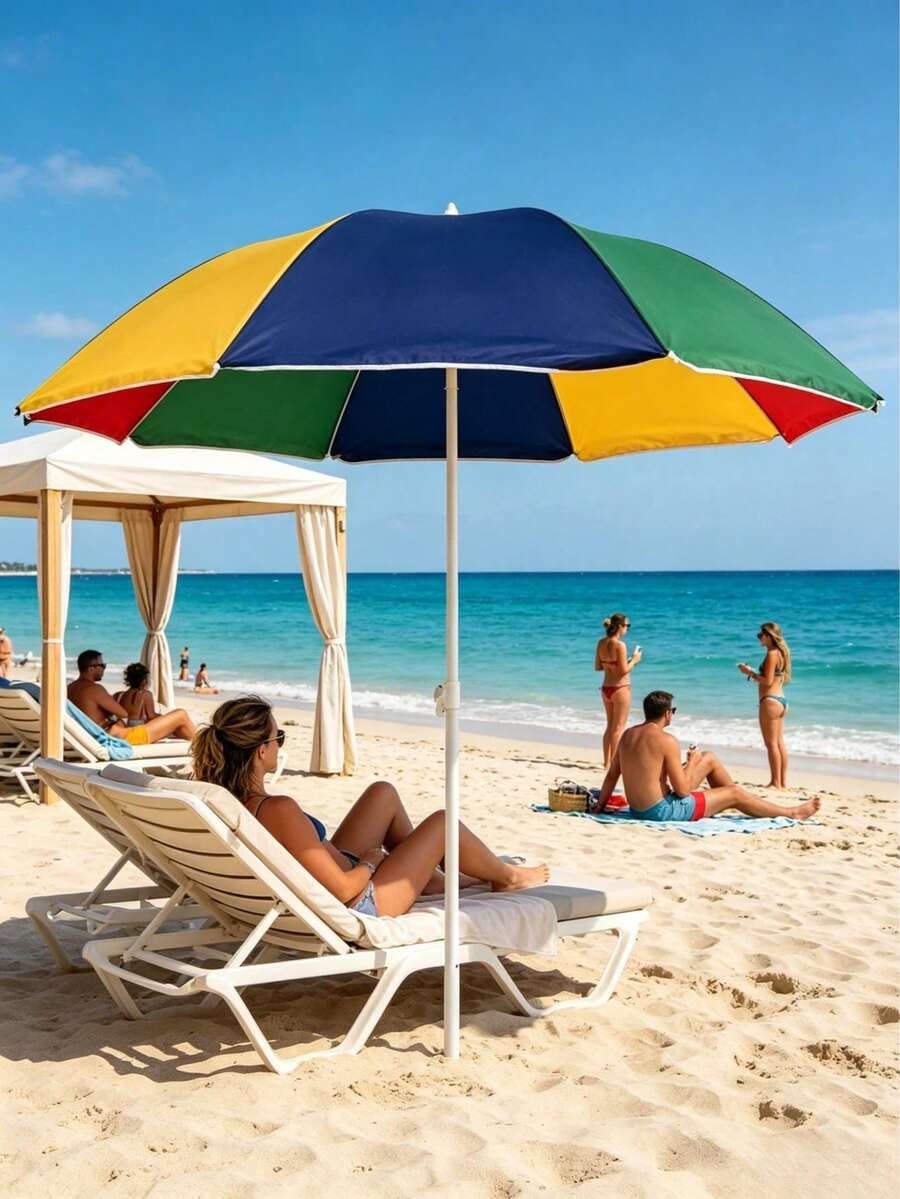 Rainbow Patchwork Beach Umbrella, Waterproof UV Protection Polyester Canopy, Windproof 8-Rib Adjustable Steel Pole, Portable Sun Parasol For Beach Pool Patio Garden, Perfect For Travelers, Family Picnic & Summer Outdoor Lovers - A - View 1