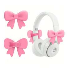 2pcs Pink Bowknot Decorated Earphone Accessories Cute Printed Bowknot Fashionable Earphone Accessories Christmas Gamer Gift For Her Women Gamer Ribbon - View 1