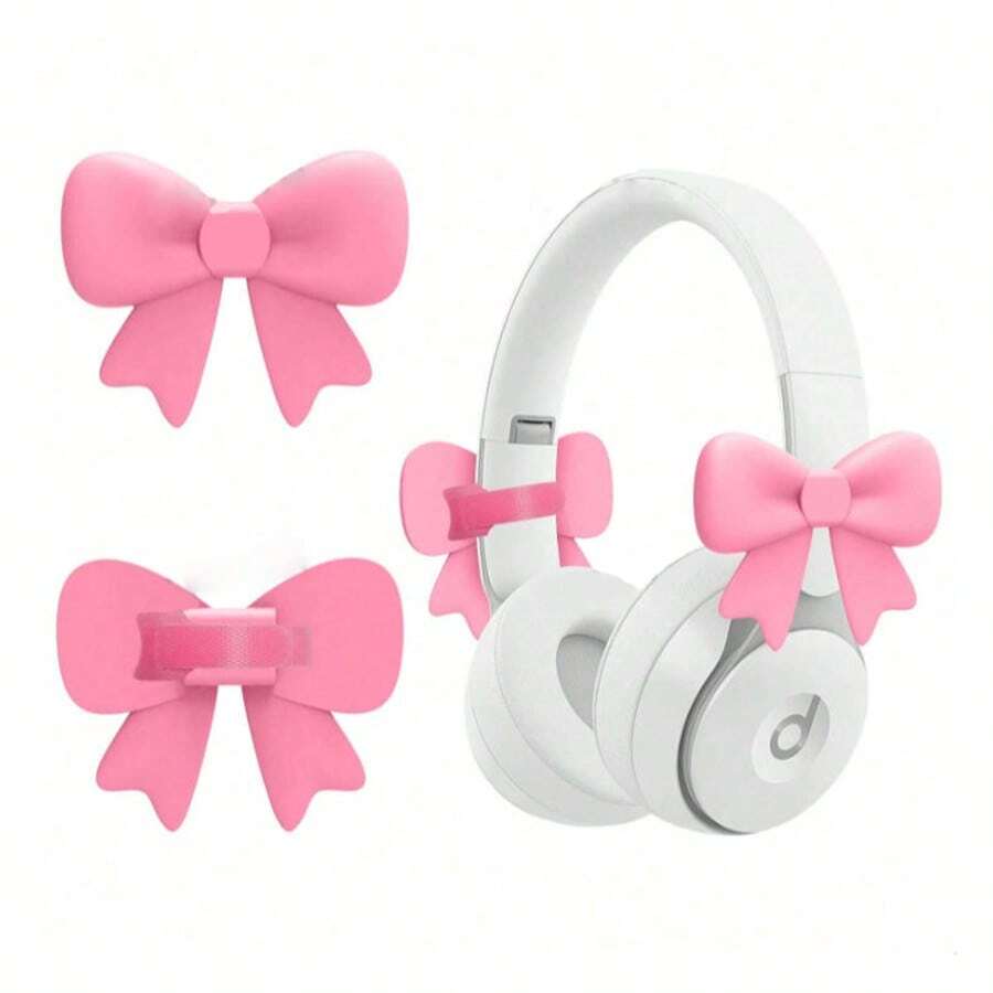 2pcs Pink Bowknot Decorated Earphone Accessories Cute Printed Bowknot Fashionable Earphone Accessories Christmas Gamer Gift For Her Women Gamer Ribbon - View 1