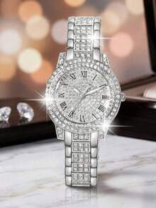 6pcs Women's Silver Luxury Watch Set, Roman Numeral Full Rhinestone Round Stainless Steel Band Silver Watch With Square Rhinestone Bracelet, Square Rhinestone Necklace, Rhinestone Earrings And Full Rhinestone Ring, Complete Set Of Exquisite Silver Jewelry For Hands And Neck, Suitable For Graduation, Birthday As A Light Luxury Gift For Women - Silver - View 2