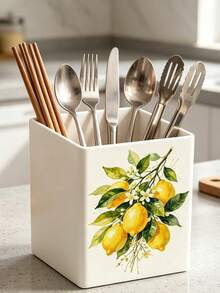 1pc Abstract Watercolor Lemon Branch Multi-Functional Storage Organizer Box - Tableware Storage Box, Desktop Organizer (Suitable For Storing Tableware, Straws, Tea Bags, Pens, Remote Controls); Compact And Space-Saving, Suitable For Kitchen, Office, Living Room (Please Note The Size Before Ordering) - Multicolor - View 2
