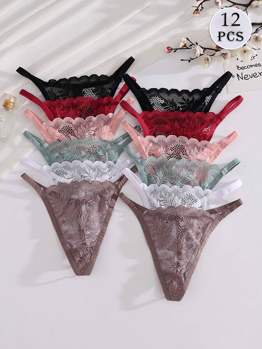 12件裝性感女款低腰舒適透氣蕾絲丁字褲 XS - 彩色 - 查看 1