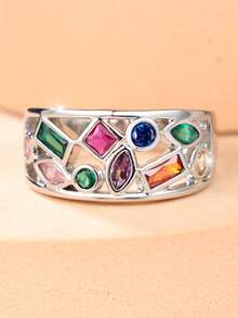 1 Elegant, Fashionable, And Colorful Women's Ring With Geometric Zirconia And Openwork Checkered Design-A Unique Accessory For Vacation And Parties - Color - View 3