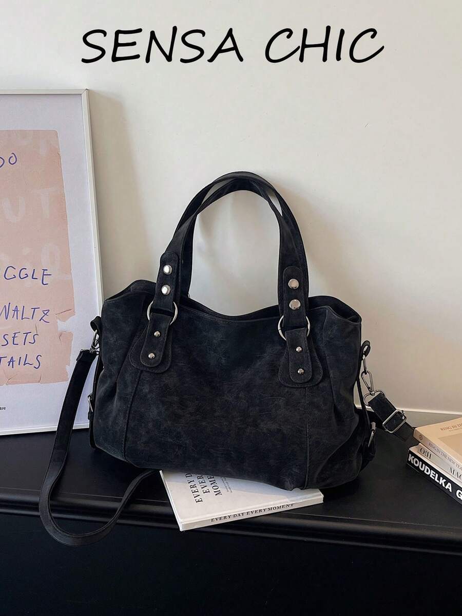 Tas Tangan Modis, Kapasitas Besar, Pegangan Atas, Tali Bahu yang Dapat Dilepas, Desain Paku Keling. Cocok Untuk Pekerja Kantoran, Guru, Pelajar, Wanita Muda dan Ibu untuk Bepergian, Berbelanja, Jalan-jalan Harian, Perjalanan Akhir Pekan dan Perjalanan Singkat. - Hitam - View 1