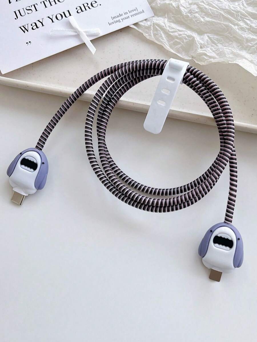 Cartoon Shark Head Data Cable Protector, Cute Unique Design, Girls Style, Ins Style, Durable Charging Cable, Reinforced Connector, Spiral Sleeve, Extend Cable Life, Anti-Tangle Storage - Grey - View 1
