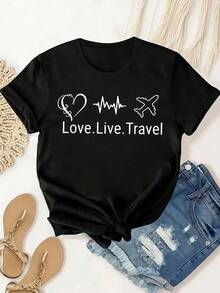 T-shirt nera a maniche corte con stampa minimalista "Love Live Travel", colletto classico estivo, ideale per l'uso quotidiano e le vacanze, versatile, capo d'abbigliamento femminil - nero - Visualizzare 1