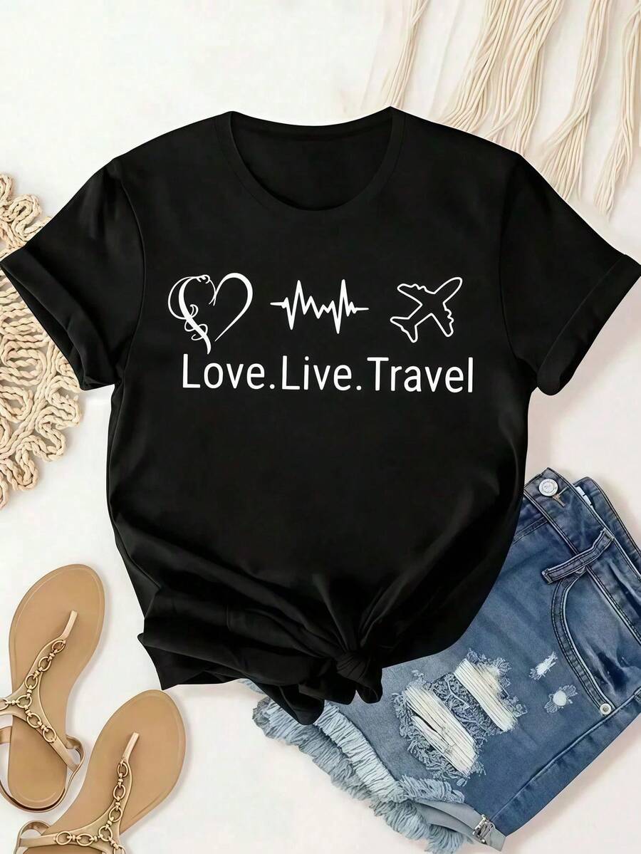 T-shirt nera a maniche corte con stampa minimalista "Love Live Travel", colletto classico estivo, ideale per l'uso quotidiano e le vacanze, versatile, capo d'abbigliamento femminil - nero - Visualizzare 1