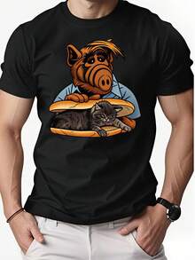 2026 NEW Heavyweight 100% Pure Cotton T-Shirt In High Street Style With Creative, Funny Print, Casual, Round Neck, Short Sleeve - 黑色 - 查看 1