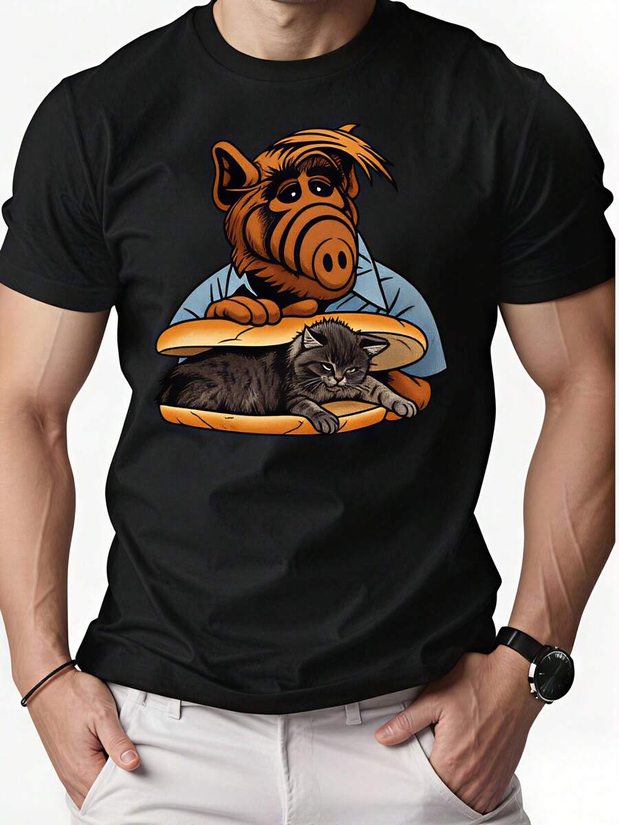 2026 NEW Heavyweight 100% Pure Cotton T-Shirt In High Street Style With Creative, Funny Print, Casual, Round Neck, Short Sleeve - 黑色 - 查看 1