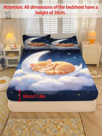 2/3PCS Dark Navy Starry Sky Crescent Moon Sleeping Orange Tabby Cat Cloud Printed Fitted Bed Sheet, Soft Cozy Dreamy Night Style Polyester Fitted Bed Sheet,For Kids Bedroom Daily Rest All Season Pet Themed Birthday Decor