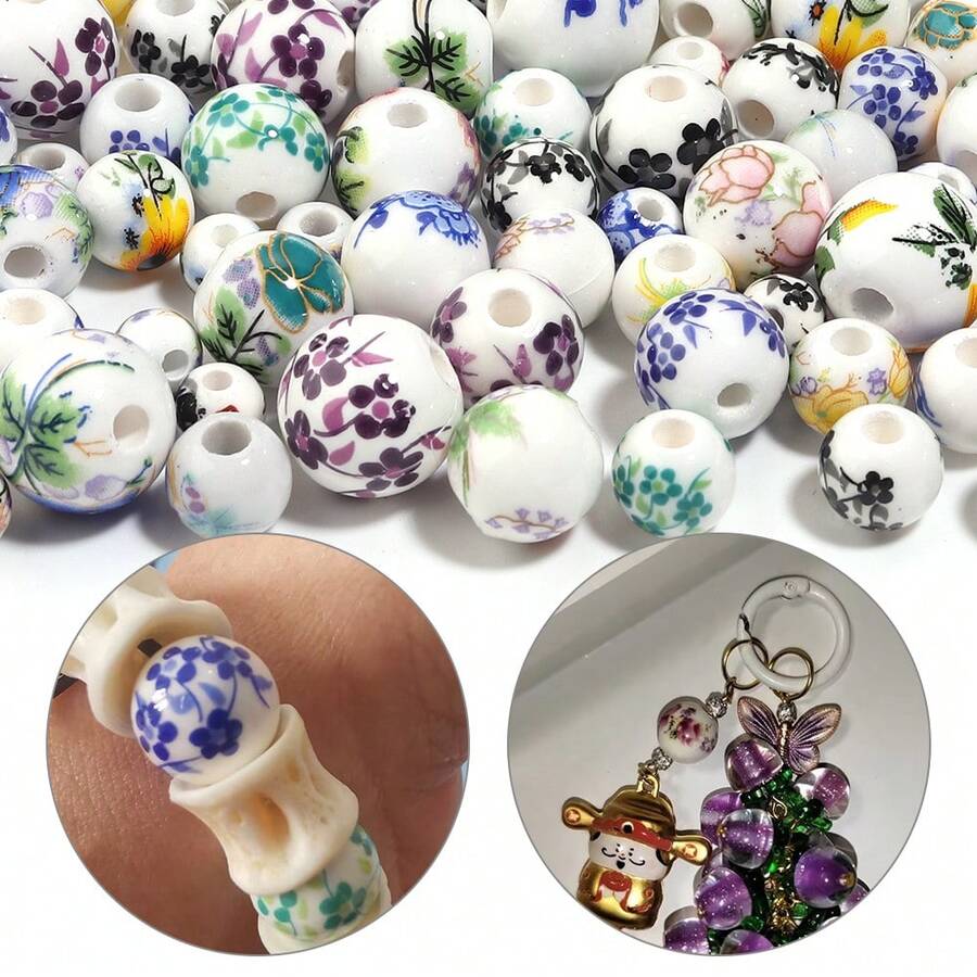 10-30顆 6/8/10/12mm 時尚復古陶瓷珠 牡丹梅花精緻花卉散珠 裝飾珠，手工DIY珠寶、編織配件、串珠項鍊手鍊珠寶製作材料及其他手工藝用品