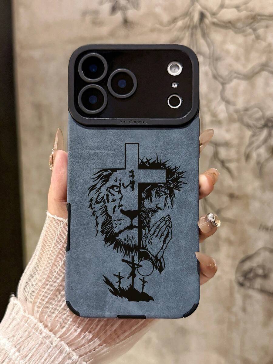 Luxury Faux Leather Lion Symbolism Graphic Phone Case, Cross Christian Faith Pattern Phone Case, Premium Grey Phone Case, Full Protection Anti-Drop Phone Case, Lens Protection Phone Case, Compatible With Iphone Compatible With Iphone Case,Phone Case,Compatible With Iphone 17 Pro Max Case,Compatible With Iphone 13 Case,Compatible With Iphone 15 Case,Compatible With Iphone 16 Promax Case,Compatible With Iphone 16 Plus Case Compatible With Iphone 18 Pro,Compatible With Iphone 18 Promax - Multicolor - View 1