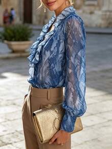 Blusa de cuello en V con volantes y estampado de serpiente 2026, camisa de gasa con estampado de piel de serpiente y mangas abullonadas, camisa con bajo con volantes en tono marrón, apta para tallas grandes para vacaciones - Azul - Ver 4