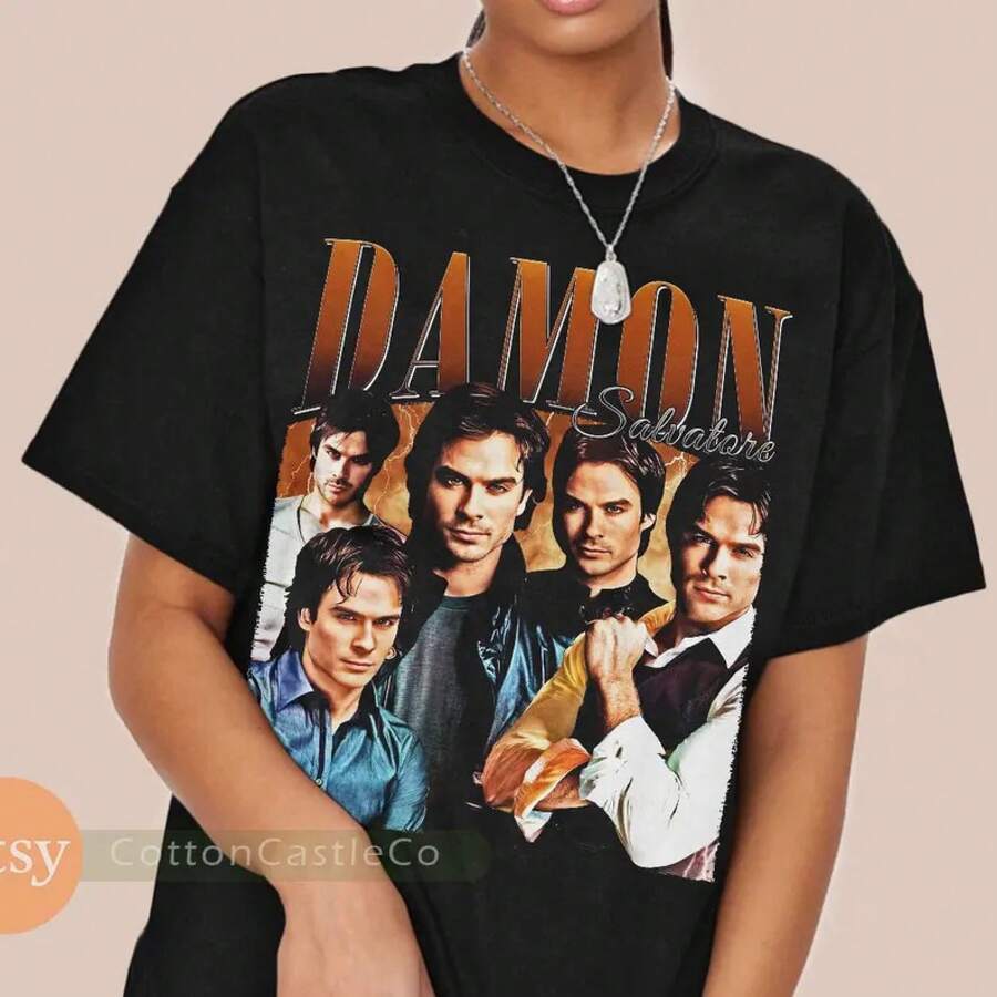 Damon Salvatore Shirt Team Damon Tee 90s Rock Style Bootleg T-Shirt. - 黑色 - 查看 1