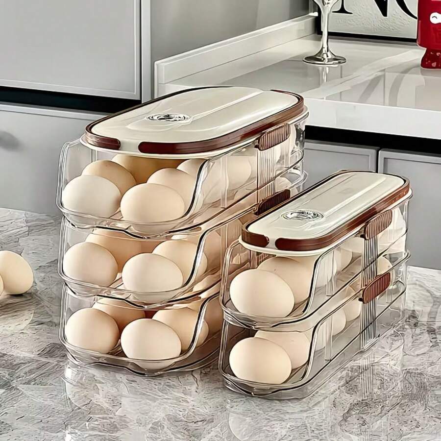 1-Piece Set With Two Rows And Three Layers Of Automatic Rolling And Replenishing Eggs, Egg Storage Box, Kitchen Refrigerator Timer, Dedicated Egg Rack Tray, Anti-Collision Design To Prevent Egg Damage And Waste - Multicolor - View 1