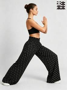 mulinsen Lightweight Draped Small Polka Dot Wide Leg Pants, High Waist Ruched Waistband Casual Sports Yoga Floor Length Pants - Black - View 2