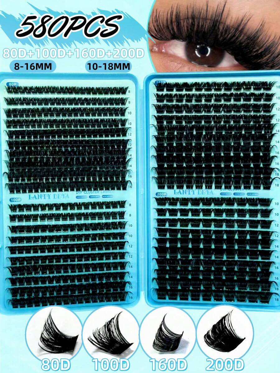 580pcs D Curl Mixed Length 8-16mm+10-18mm Fluffy Lightweight Natural Eyelash Extensions DIY Reusable Eyelash Clusters, Eyelash Clusters, D Curl Single Eyelashes, False Eyelashes