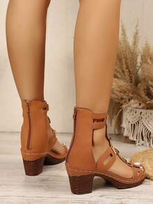 1 Pasang Sandal Hak Tinggi Vintage Fashion Wanita, Motif Geometris Gaya Retro Bohemian Kulit PU dengan Hiasan Paku Keling dan Tali Belakang Elastis, Cocok untuk Pernikahan, Pesta, Liburan, dan Pakaian Musim Panas - Coklat - View 4