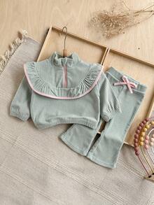 2Pcs/Set Baby Girl Soft Home Outfit, Lace Half-Zip Top And Bow Flare Pants Set - Green - View 16