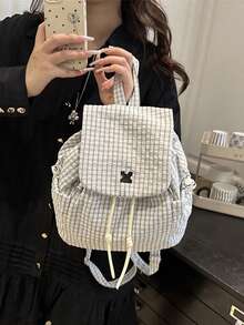 Women's Plaid Drawstring Backpack, Adjustable Shoulder Straps, Multi-Pocket Design, Soft Nylon Material, Closure Style, Suitable For College, Travel And Other Occasions - Multicolor - View 1