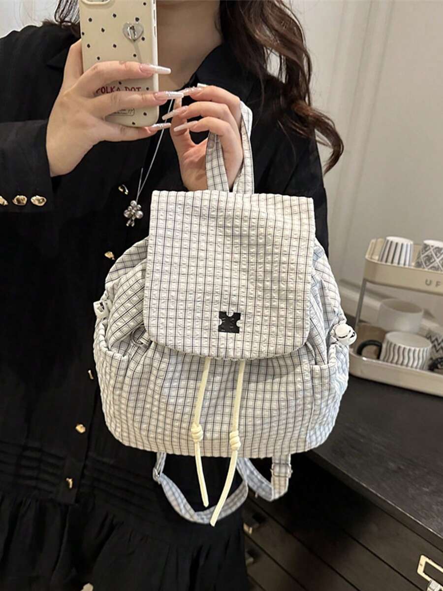 Women's Plaid Drawstring Backpack, Adjustable Shoulder Straps, Multi-Pocket Design, Soft Nylon Material, Closure Style, Suitable For College, Travel And Other Occasions - Multicolor - View 1