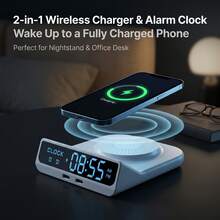 15W快速無線充電器附時鐘，支援手機殼，雙Type-C接口，LED顯示螢幕 (黑/白) - 彩色 - 查看 2