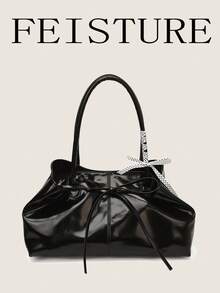 FEISTURE 1pc Solid Color Strap Shoulder Bag, Fashionable Handheld Bowknot Tote Bag, Suitable For Girls, Women, College Students, New Professionals And White-Collar Workers, Perfect For Work, Business, Commuting, School - Black - View 2