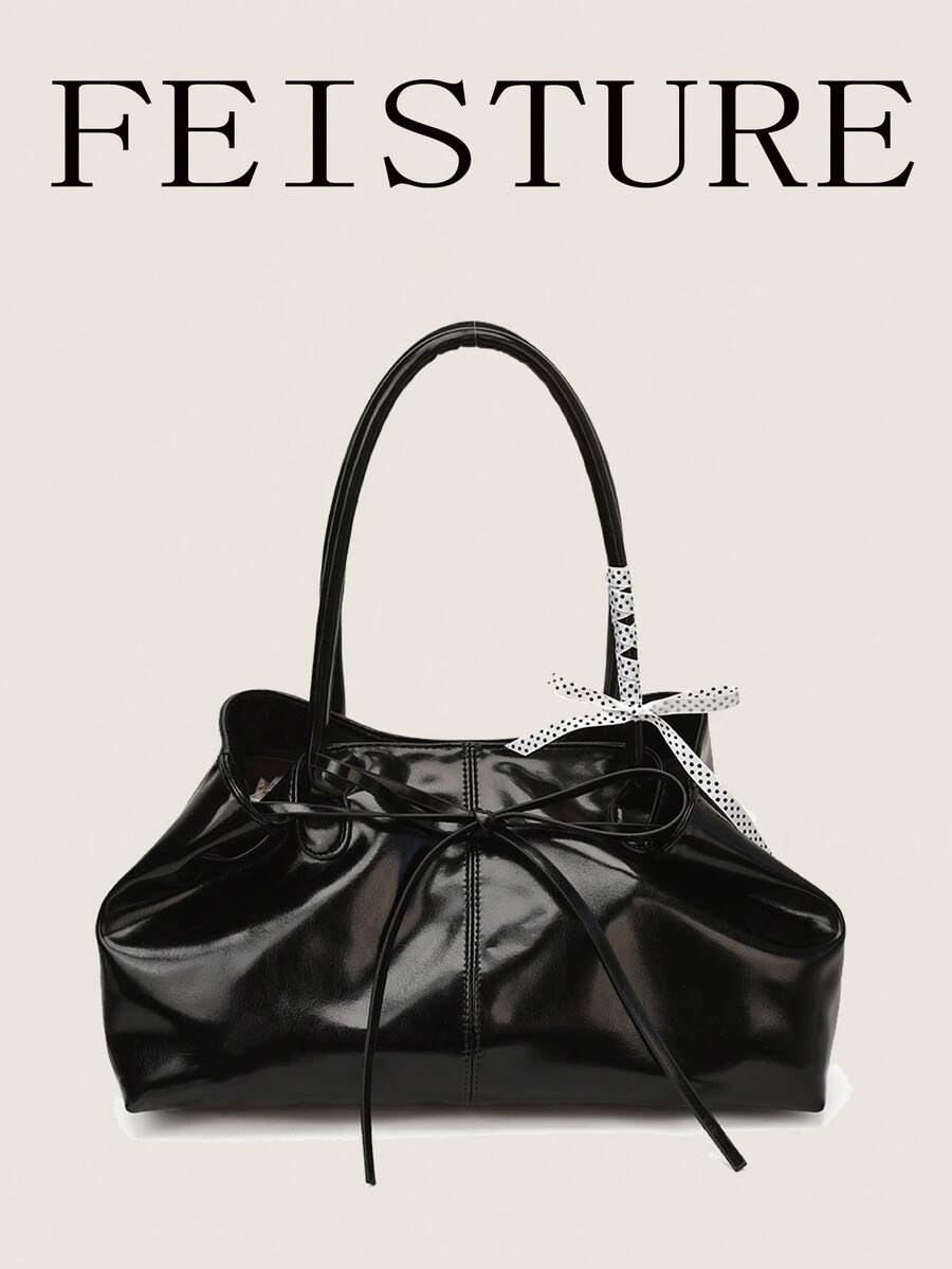 FEISTURE 1pc Solid Color Strap Shoulder Bag, Fashionable Handheld Bowknot Tote Bag, Suitable For Girls, Women, College Students, New Professionals And White-Collar Workers, Perfect For Work, Business, Commuting, School