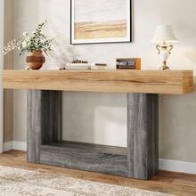 Two-Tone Console Table With Wood Look, Console Table For Hallway/Living Room, Thick Tabletop, Lower Storage Compartment, Chipboard Material - 自然色 - 查看 3