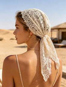 1pc Hollow Flower Print Bohemian Breathable Sun Protection Hair Scarf For Women, Daily Summer Street Photography Casual Beach Travel Vacation Headwrap Waist Scarf Neck Scarf Versatile Fashion Accessory - Multicolor - View 3